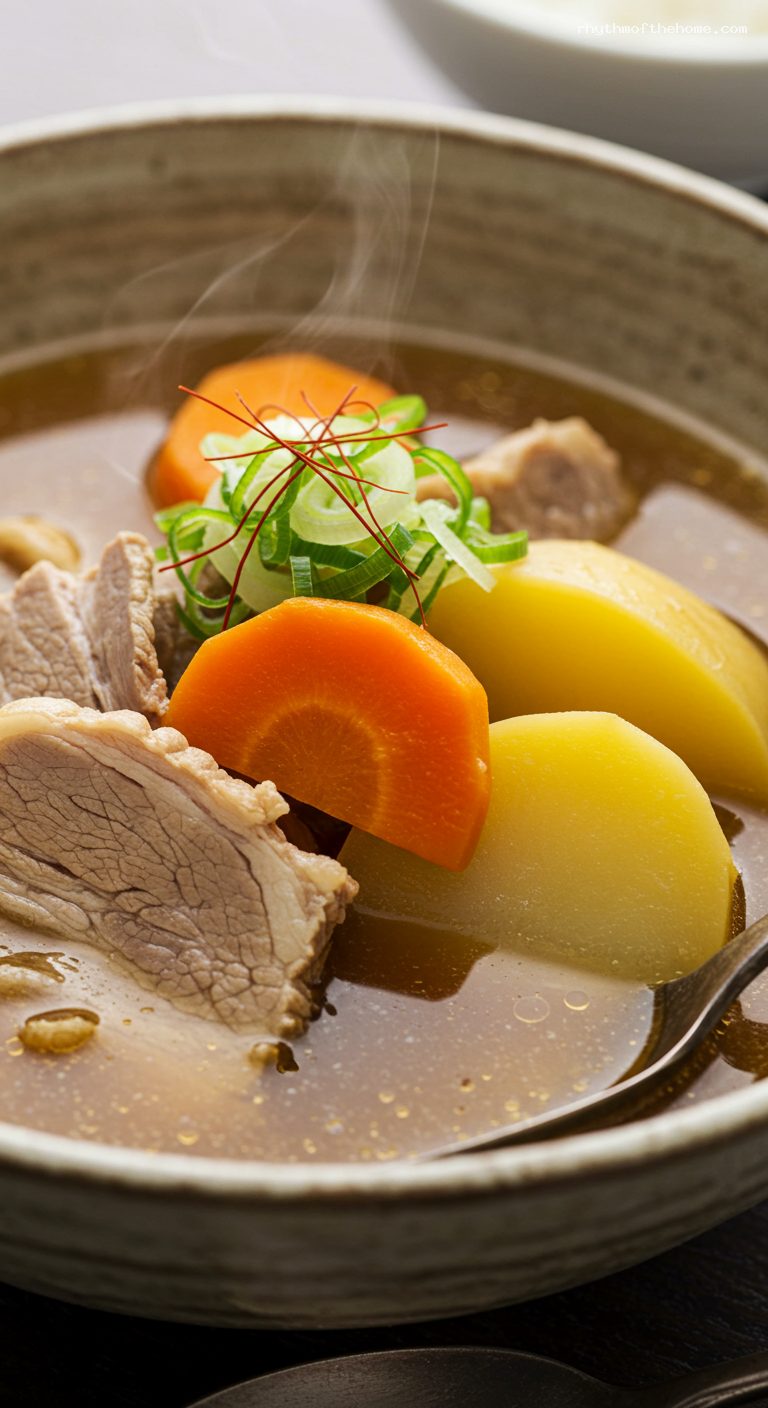 Hearty Tonjiru Pork Miso Soup with Vegetables – Closeup