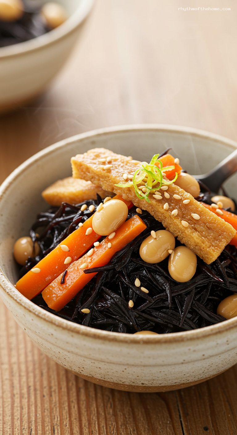 Hijiki No Nimono with Carrots, Aburaage, and Soybeans – Closeup