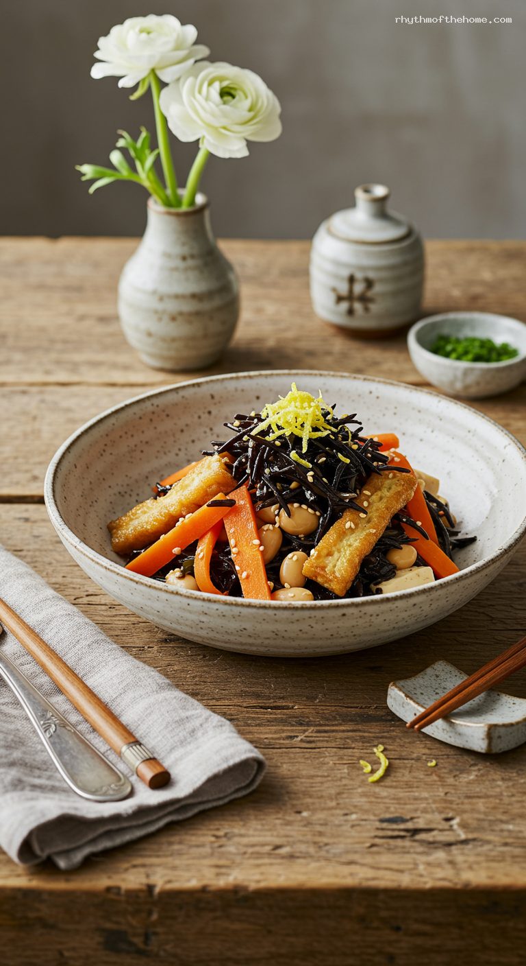 Hijiki No Nimono with Carrots, Aburaage, and Soybeans