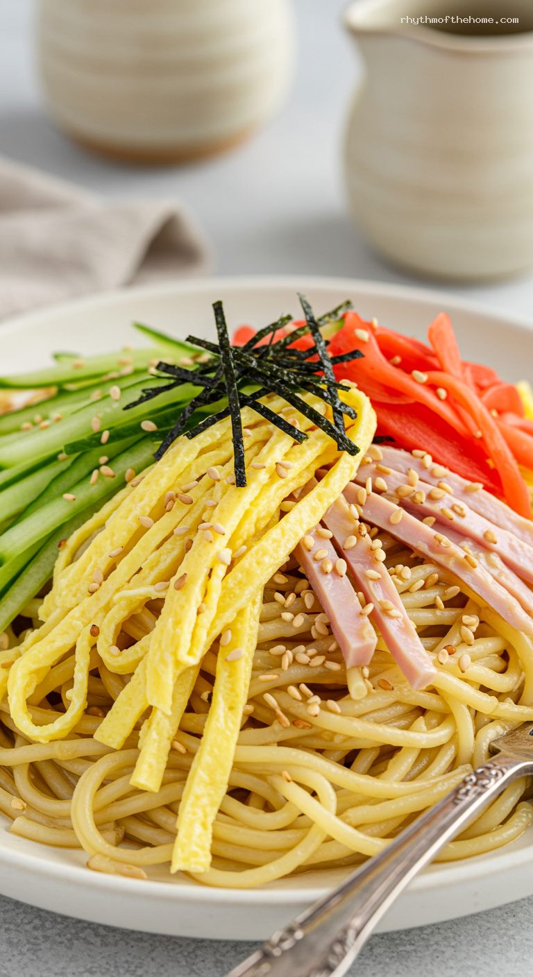 Hiyashi Chuka Cold Ramen with Sesame-Soy Dressing – Closeup