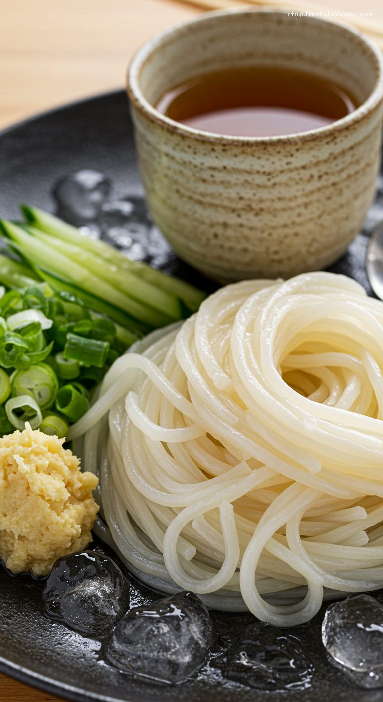 Hiyashi Somen with Light Tsuyu and Summer Toppings – Closeup