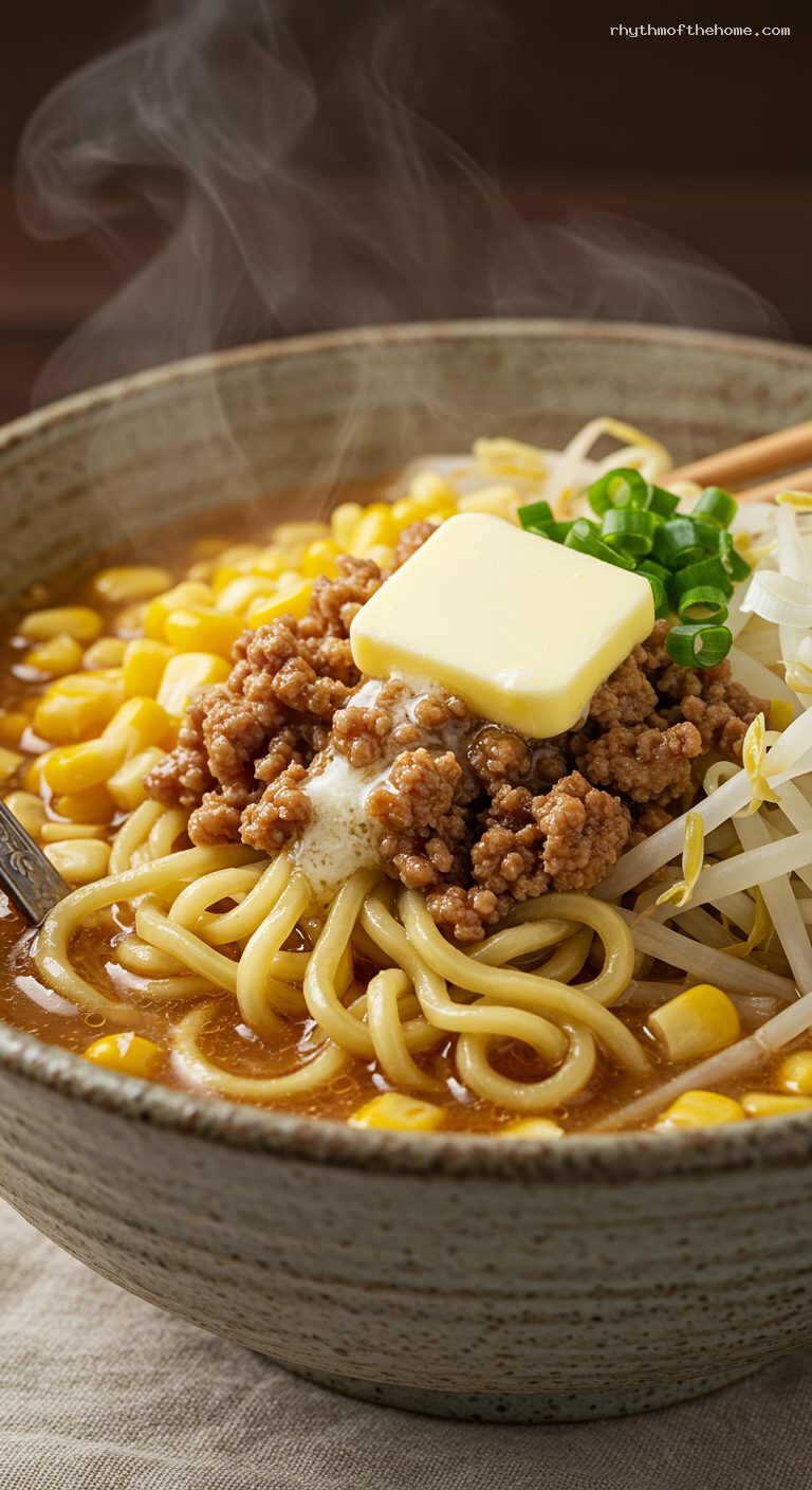 Hokkaidō Miso Ramen with Pork, Corn, and Butter – Closeup