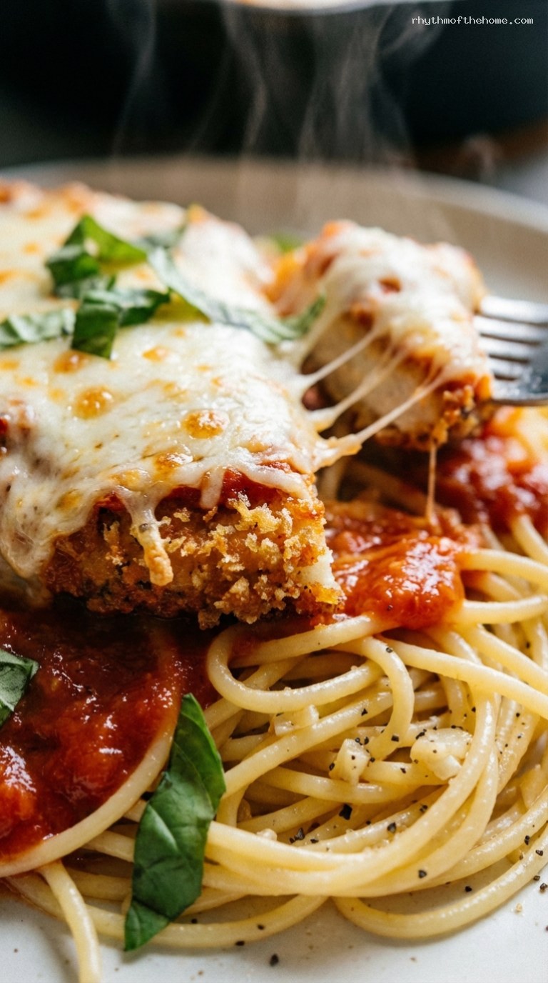 Homestyle Chicken Parmesan with Marinara and Mozzarella – Closeup