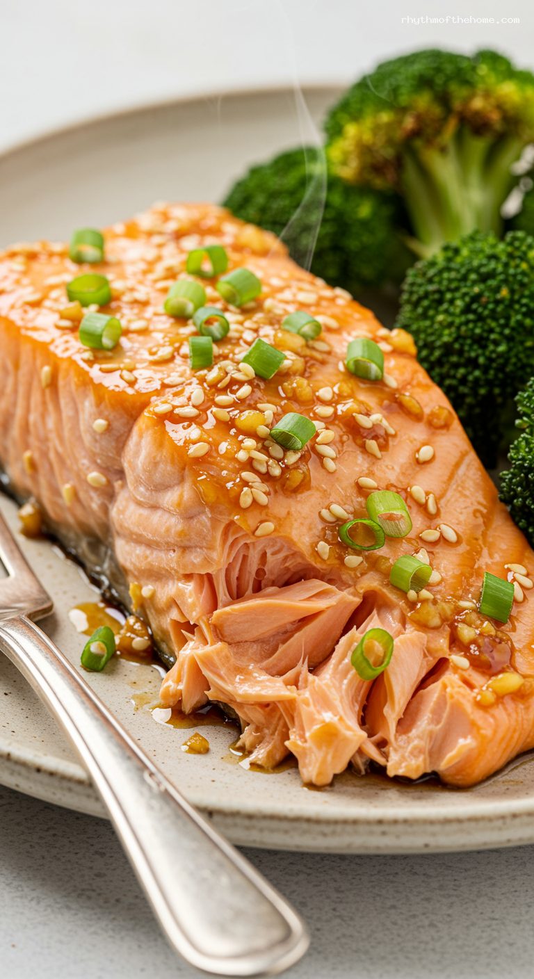 Honey-Soy Baked Salmon with Broccoli – Closeup
