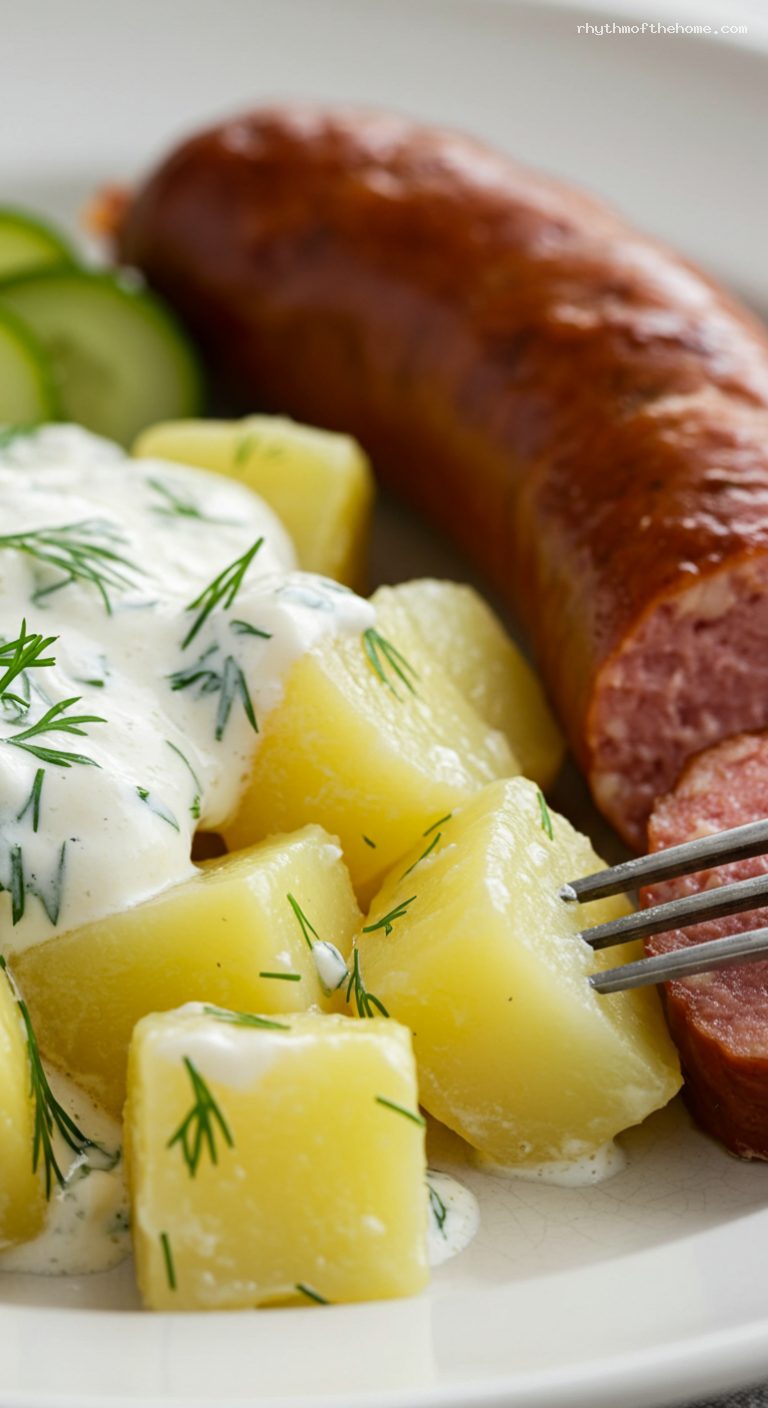 Isterband with Creamy Dill Potatoes and Pickled Cucumbers – Closeup