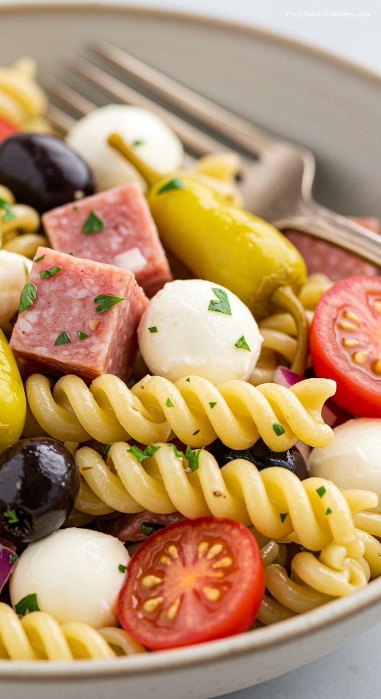 Italian Deli Pasta Salad with Oregano Vinaigrette – Closeup