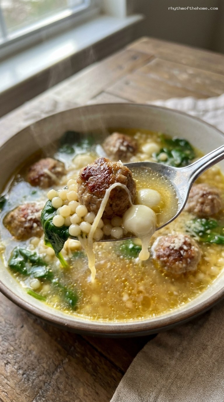 Italian Wedding Soup with Mozzarella Pearls and Pastina – Closeup