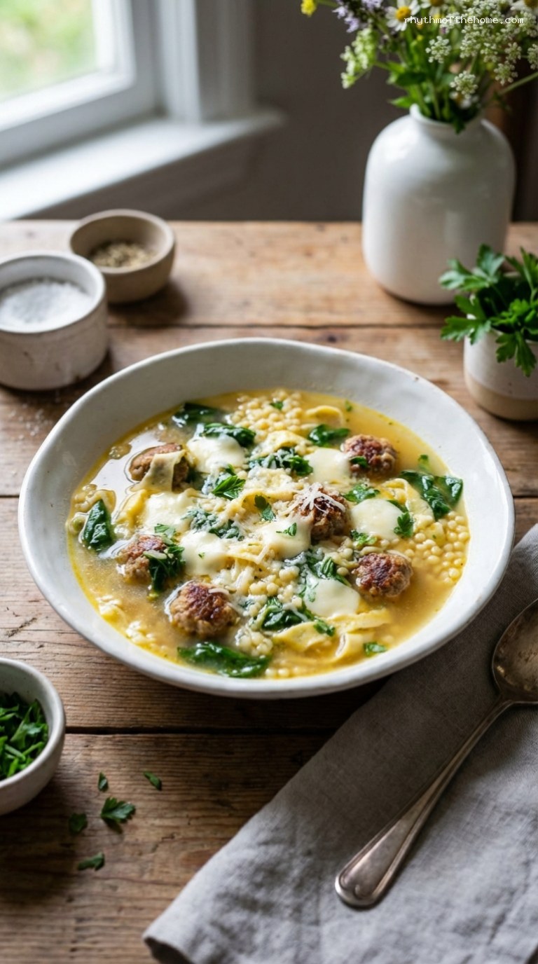 Italian Wedding Soup with Mozzarella Pearls and Pastina