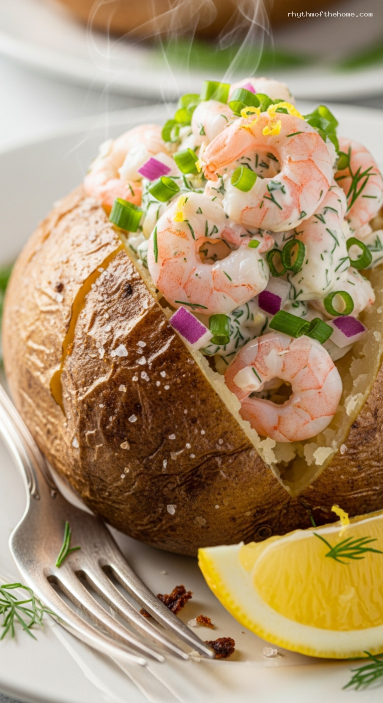 Jacket Potatoes with Lemony Dill Shrimp Salad – Closeup