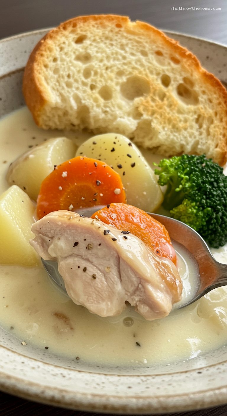 Japanese Chicken Cream Stew with Vegetables and Rice – Closeup