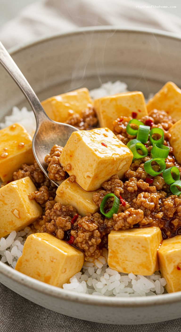 Japanese-Style Mabo Dofu with Miso-Soy Chili Sauce – Closeup