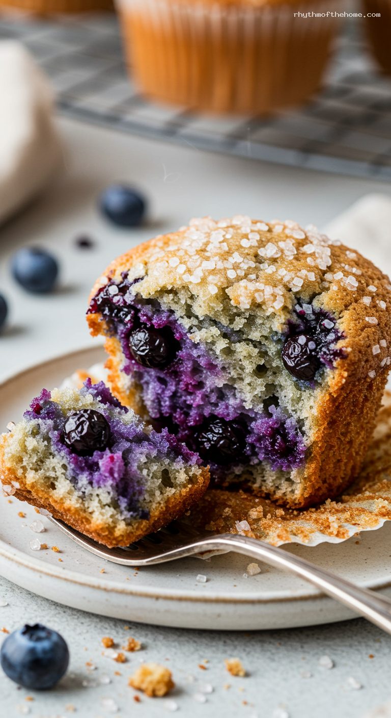 Jordan Marsh–Style Blueberry Muffins with Crunchy Sugar Tops – Closeup