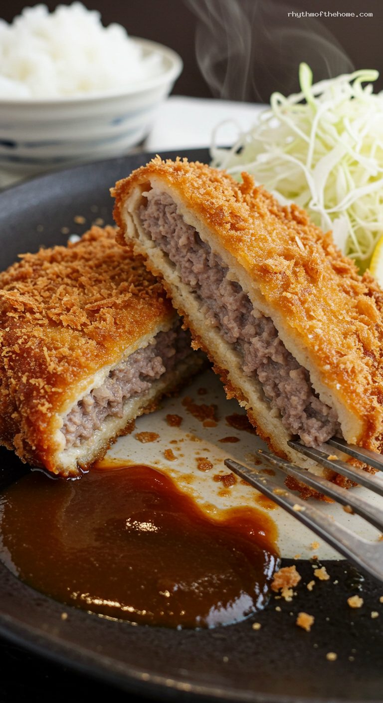 Juicy Menchi Katsu with Tonkatsu Sauce – Closeup