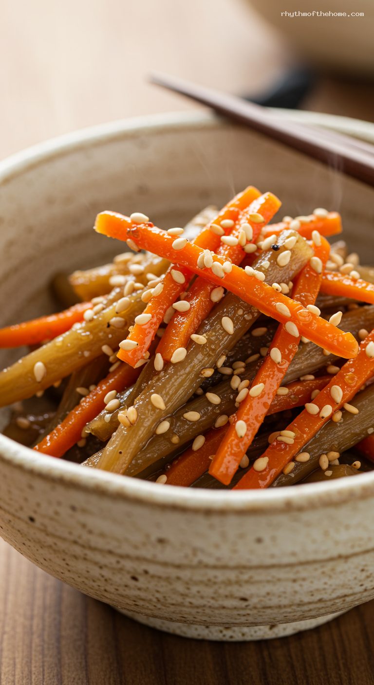Kinpira Gobo with Carrot and Sesame – Closeup