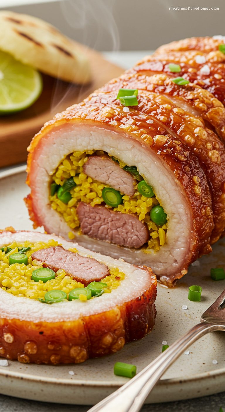 Lechona Tolimense: Colombian Roast Pork with Rice and Crackling – Closeup