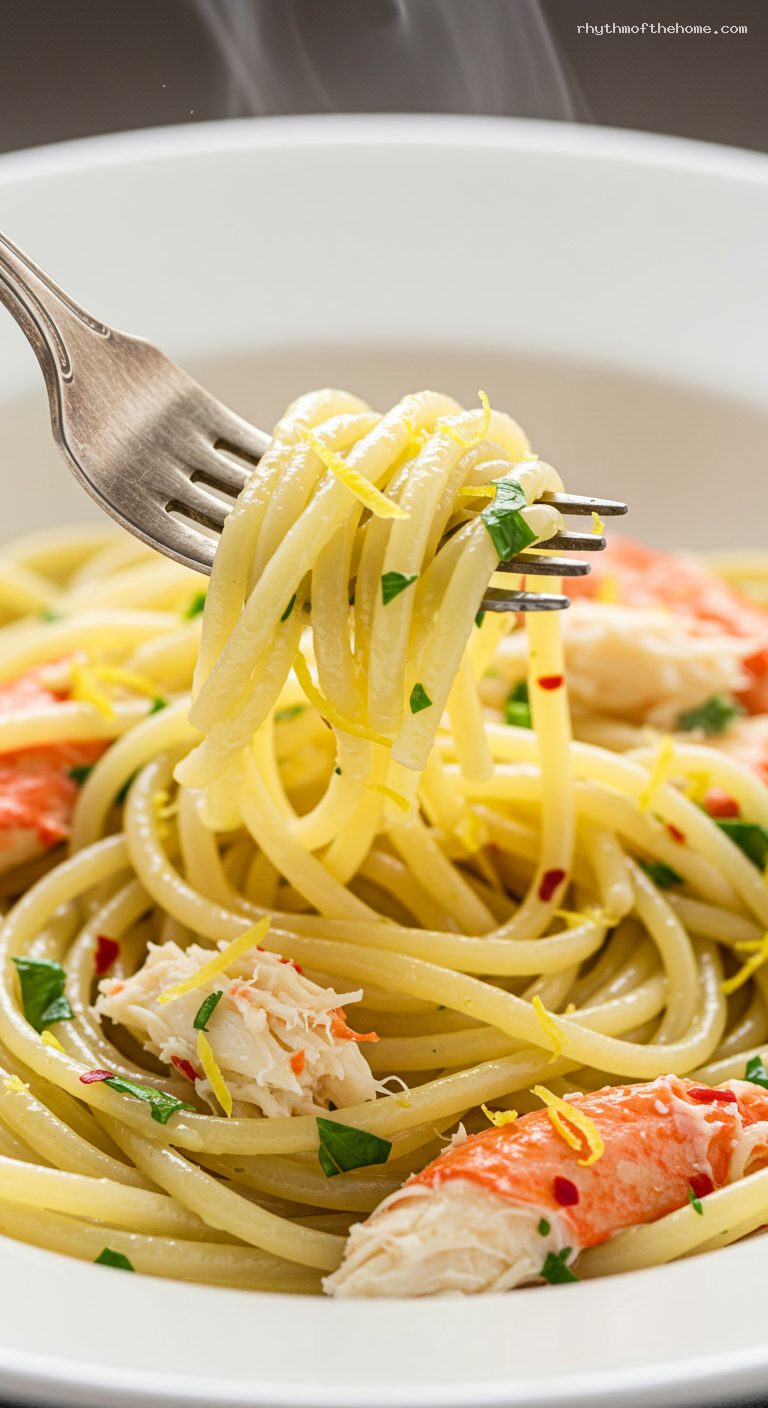 Lemon-Chili Crab Linguine with Garlic and Parsley – Closeup