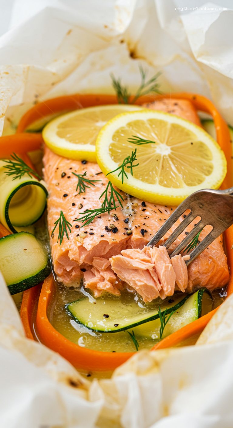 Lemon-Dill Salmon en Papillote with Zucchini and Carrots – Closeup