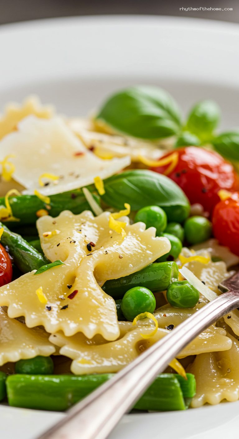 Lemon-Garlic Pasta Primavera with Spring Vegetables – Closeup