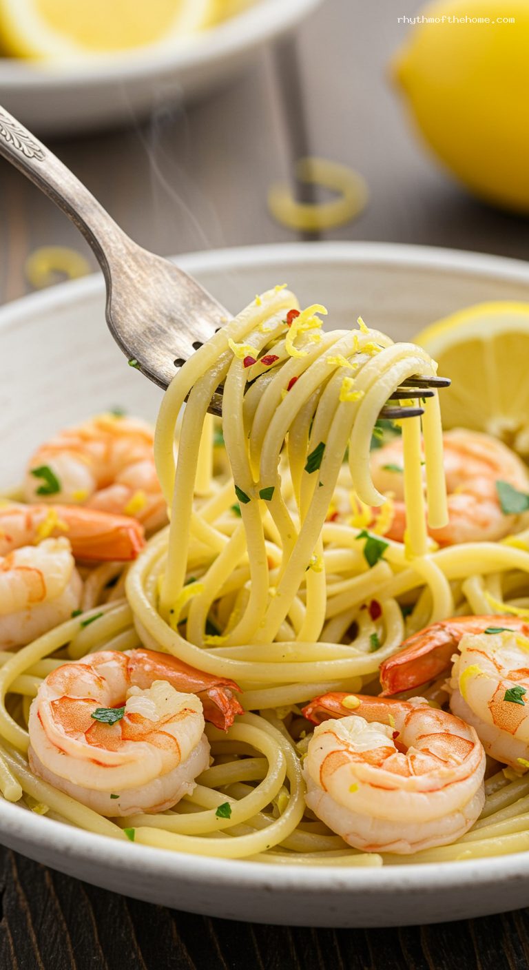 Lemon-Garlic Shrimp Scampi with Linguine – Closeup