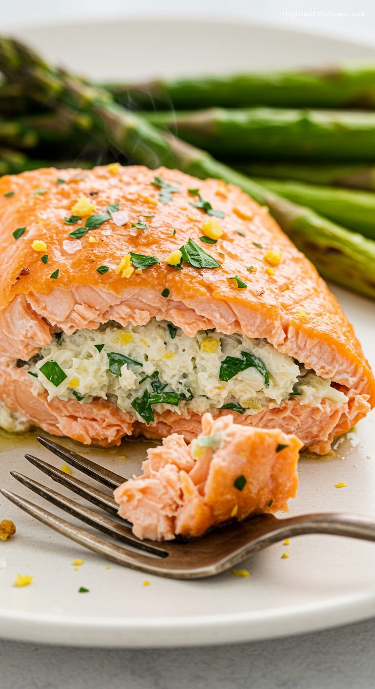 Lemon Herb Crab-Stuffed Salmon with Asparagus – Closeup