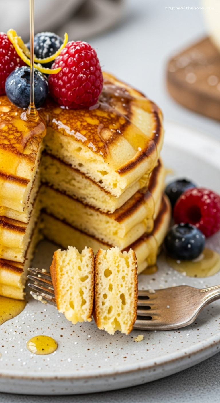 Lemon Ricotta Pancakes with Mascarpone Honey Drizzle – Closeup