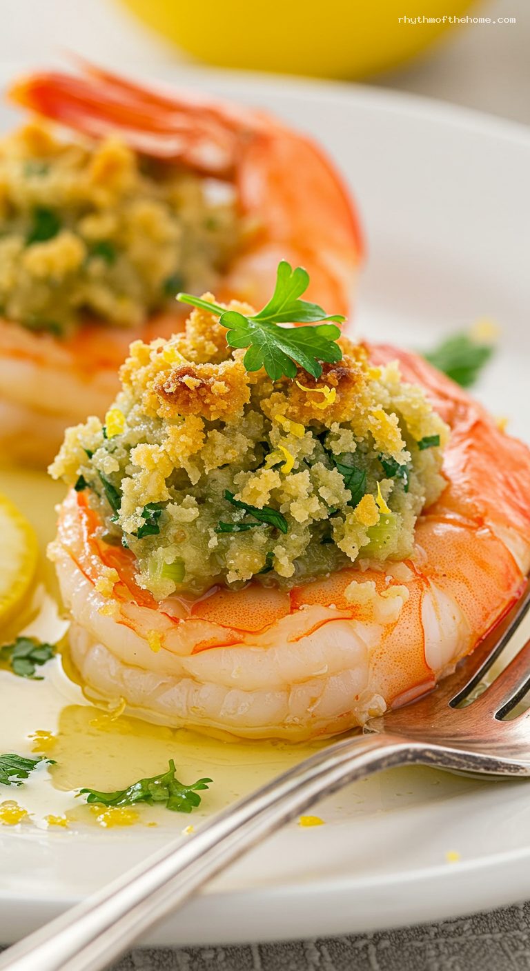 Lemony Garlic Baked Stuffed Shrimp – Closeup