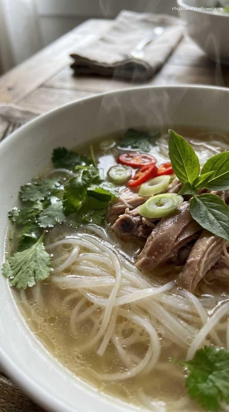 Light Chicken Pho-Style Noodle Soup with Herbs – Closeup