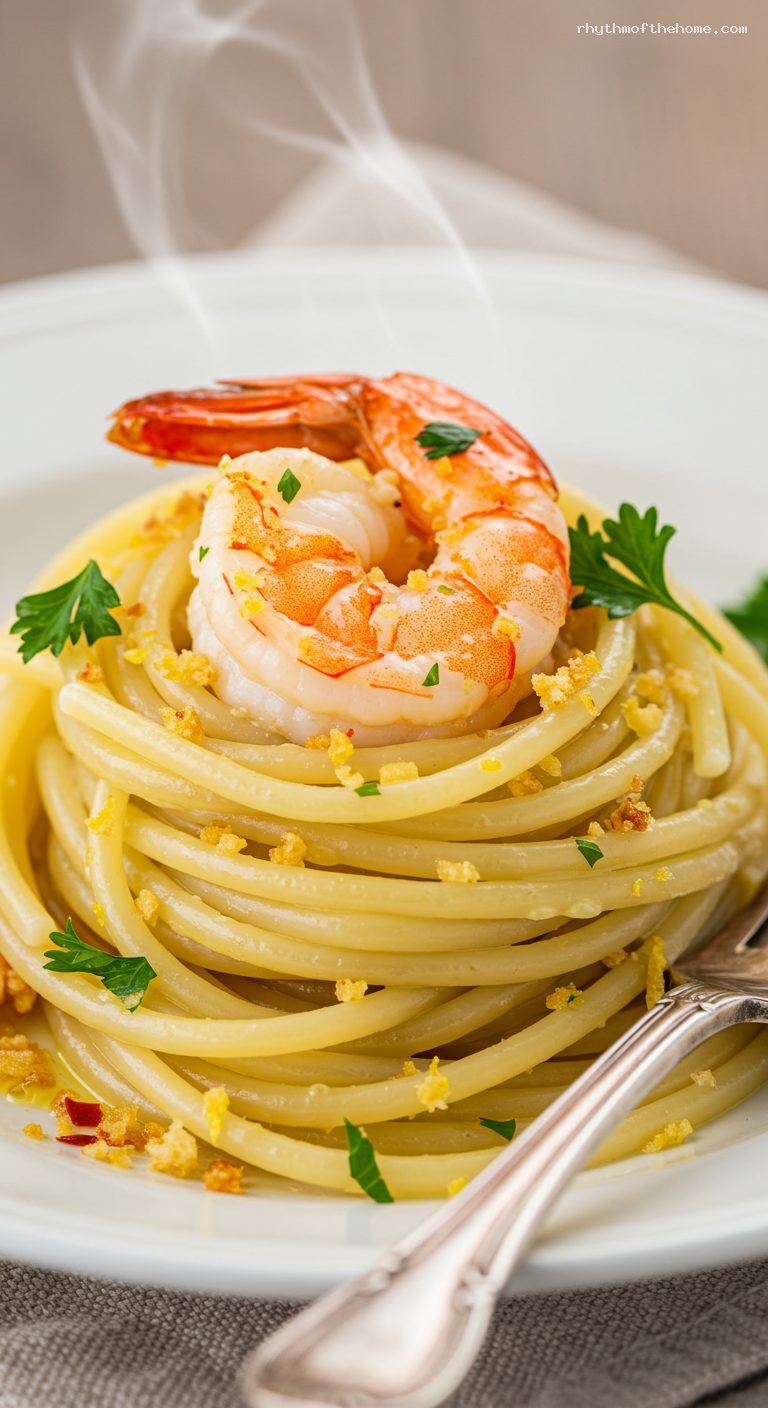 Linguine Shrimp Scampi with Lemon, Garlic, and Breadcrumbs – Closeup