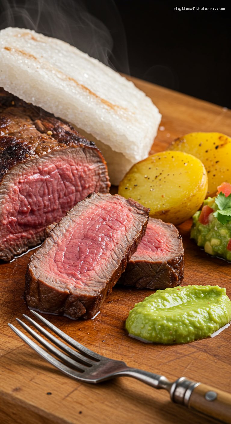 Lomo al Trapo with Cilantro-Lime Ají and Papas – Closeup