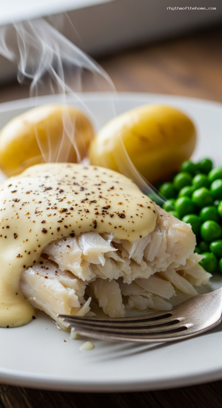 Lutfisk with Creamy White Sauce and Potatoes – Closeup