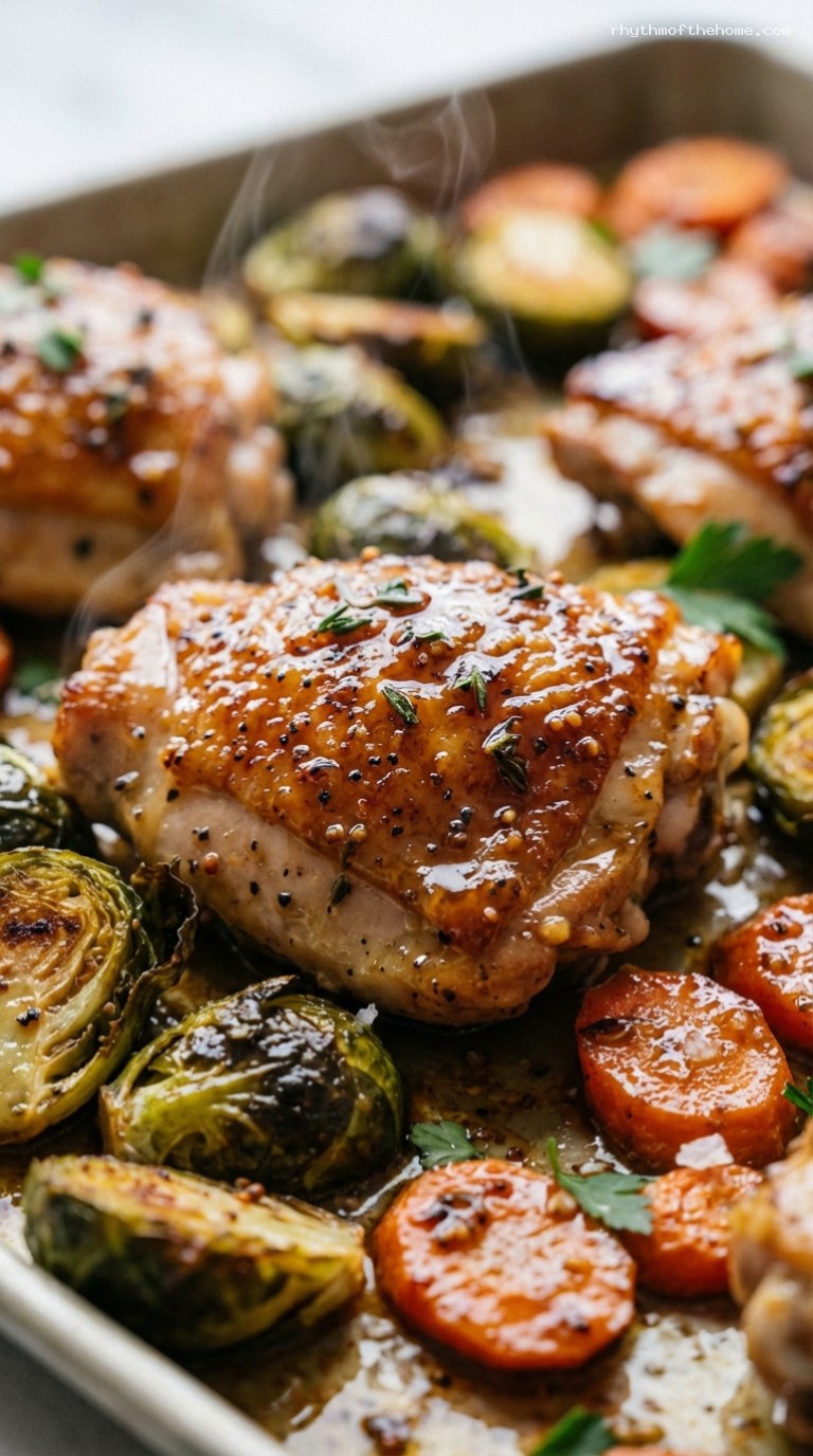 Maple Dijon Sheet Pan Chicken with Carrots and Brussels Sprouts – Closeup