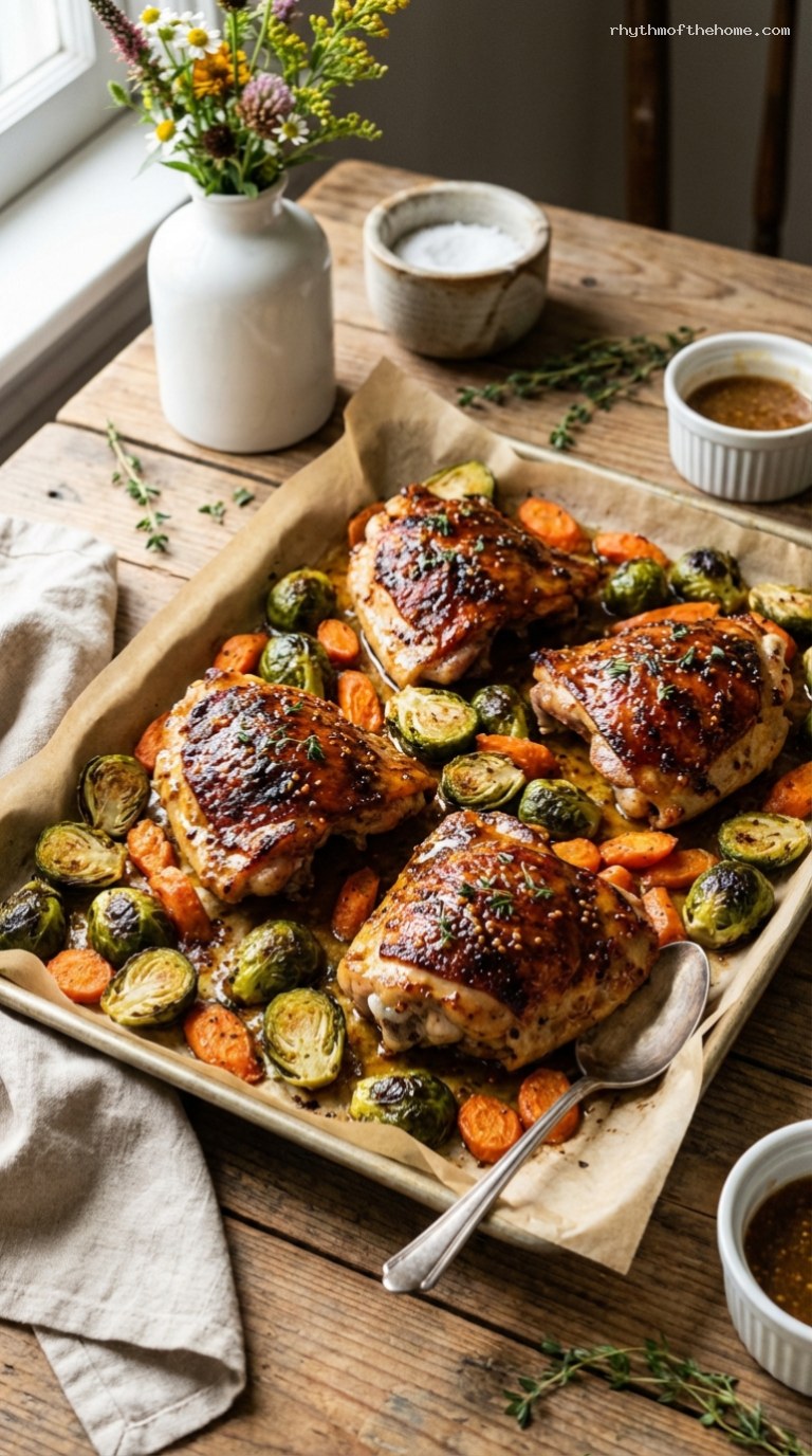 Maple Dijon Sheet Pan Chicken with Carrots and Brussels Sprouts