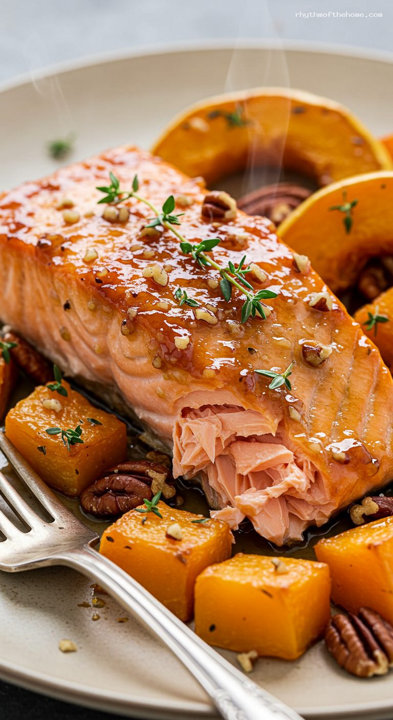 Maple-Glazed Salmon with Cider-Roasted Squash and Pecans – Closeup