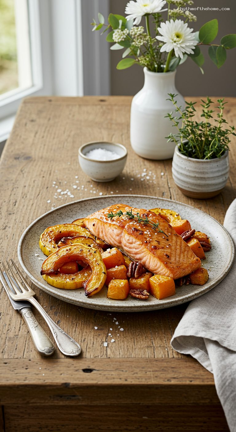 Maple-Glazed Salmon with Cider-Roasted Squash and Pecans