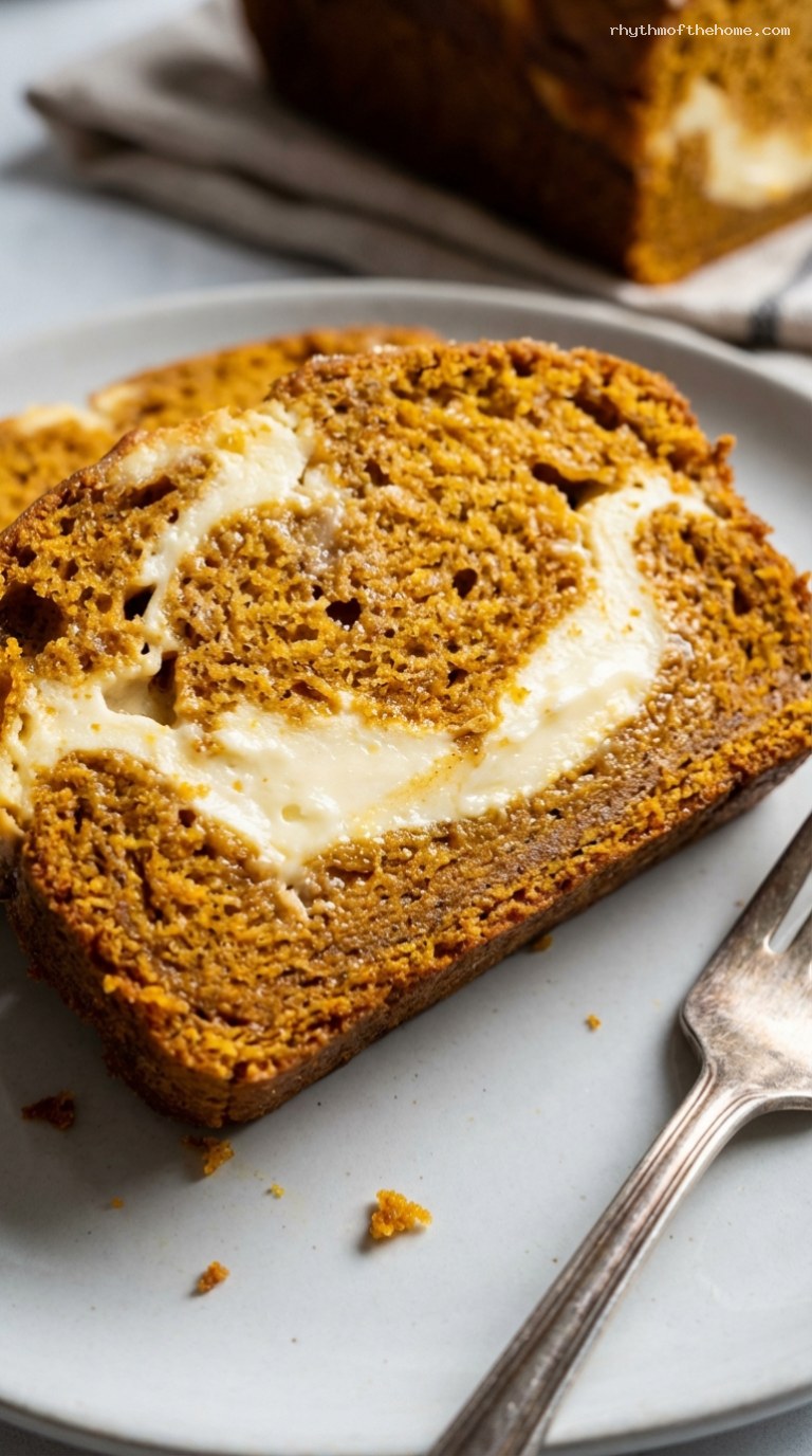 Mascarpone Swirl Pumpkin Bread With Cheesecake Ribbon – Closeup