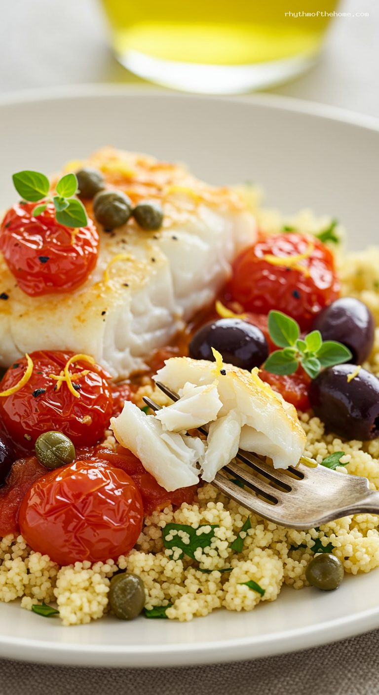 Mediterranean Baked Cod with Tomatoes and Olives – Closeup