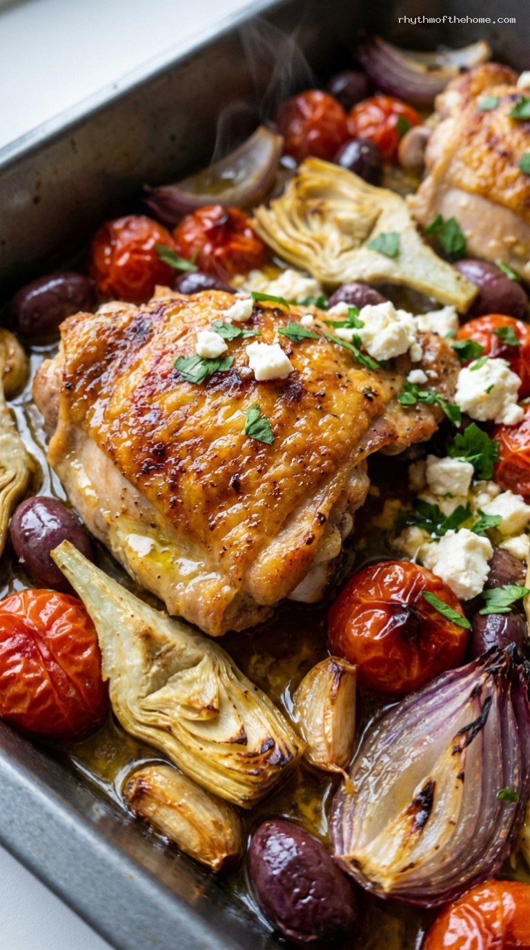 Mediterranean Chicken Tray Bake with Tomatoes and Olives – Closeup