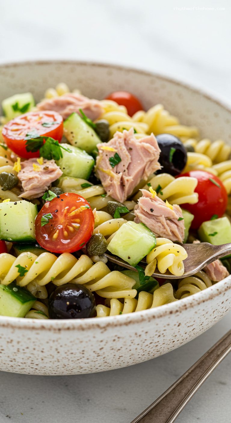 Mediterranean Tuna Pasta Salad with Lemon-Oregano Vinaigrette – Closeup