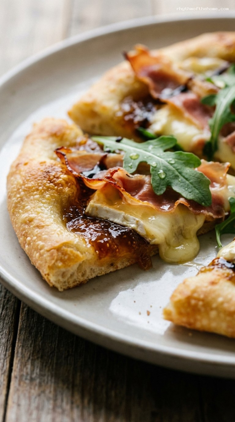 Melty Brie and Prosciutto Flatbread with Fig and Arugula – Closeup