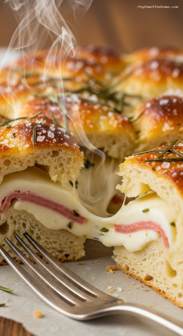 Melty Three-Cheese Stuffed Focaccia – Closeup