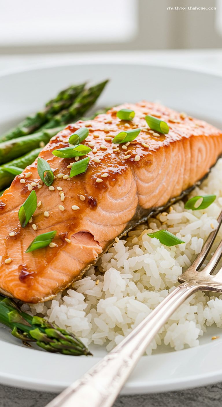 Miso-Glazed Salmon with Blistered Asparagus and Rice – Closeup