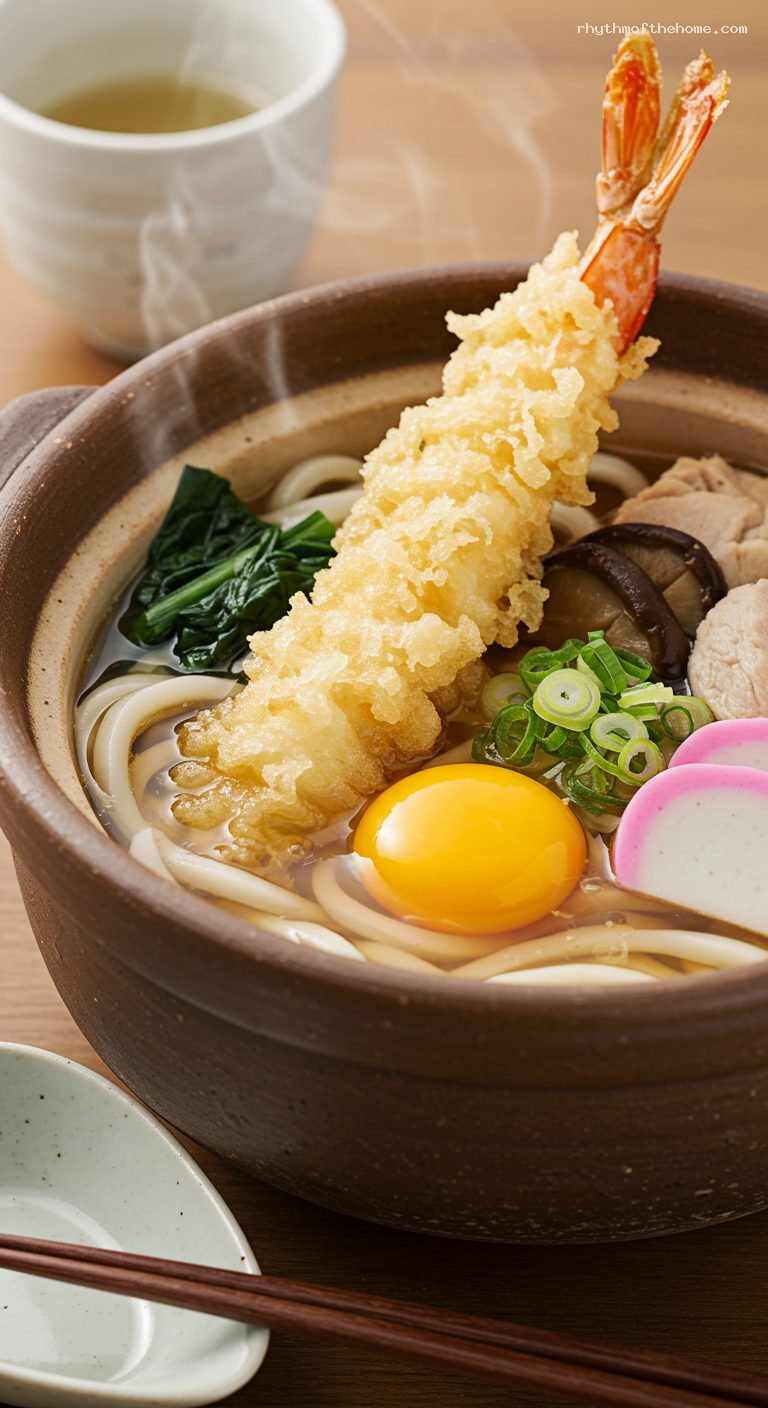Nabeyaki Udon with Chicken, Shiitake, and Poached Egg – Closeup