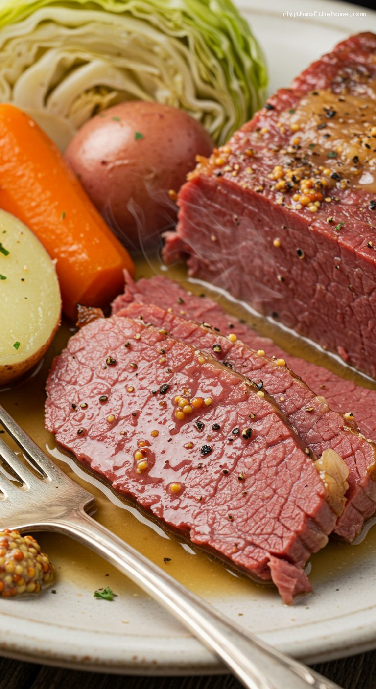New England Boiled Dinner with Corned Beef and Vegetables – Closeup