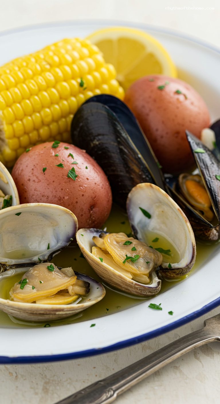 New England Clam Bake with Old Bay and Lemon – Closeup