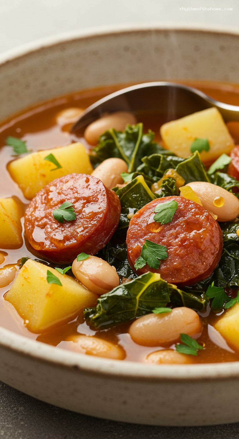 New England Portuguese Kale Soup with Linguica and Beans – Closeup