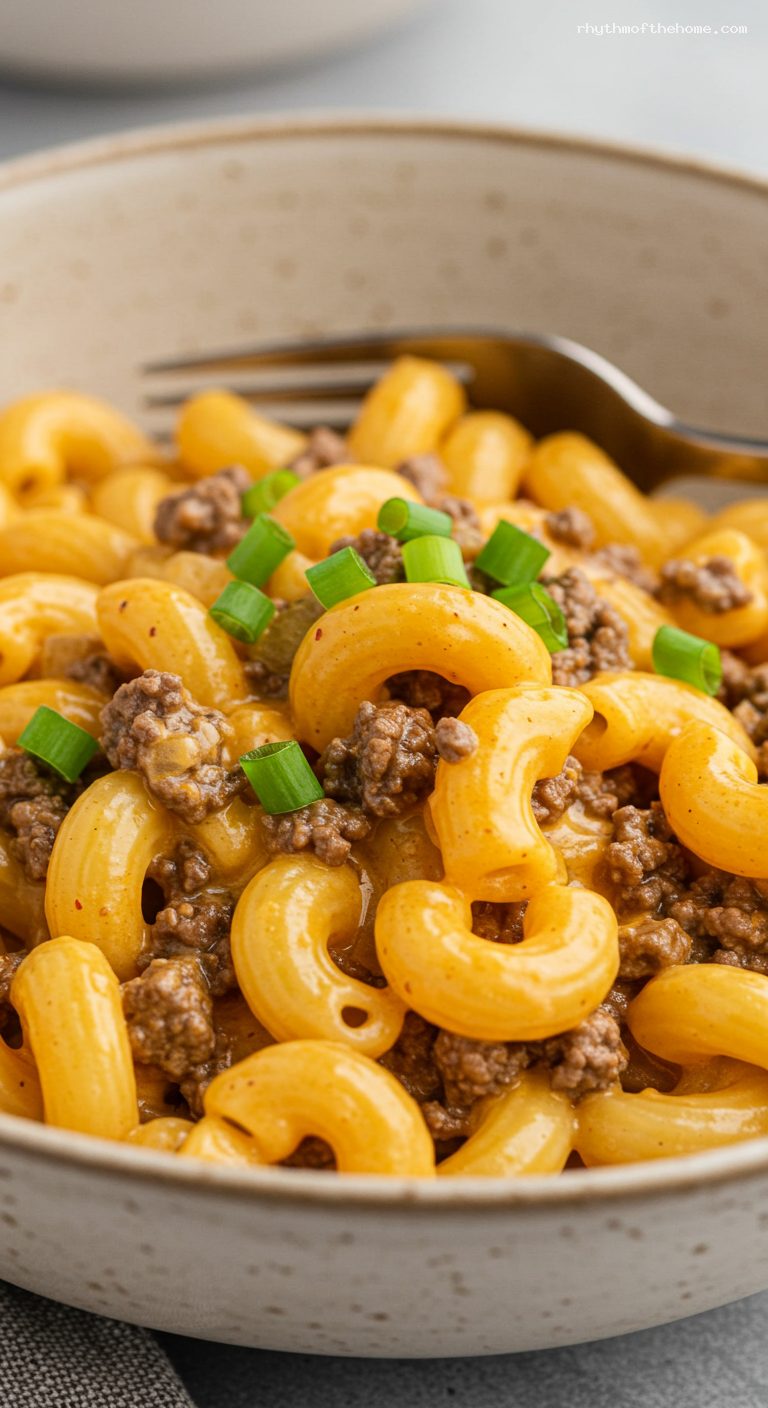 One-Pan Cheeseburger Pasta Skillet – Closeup