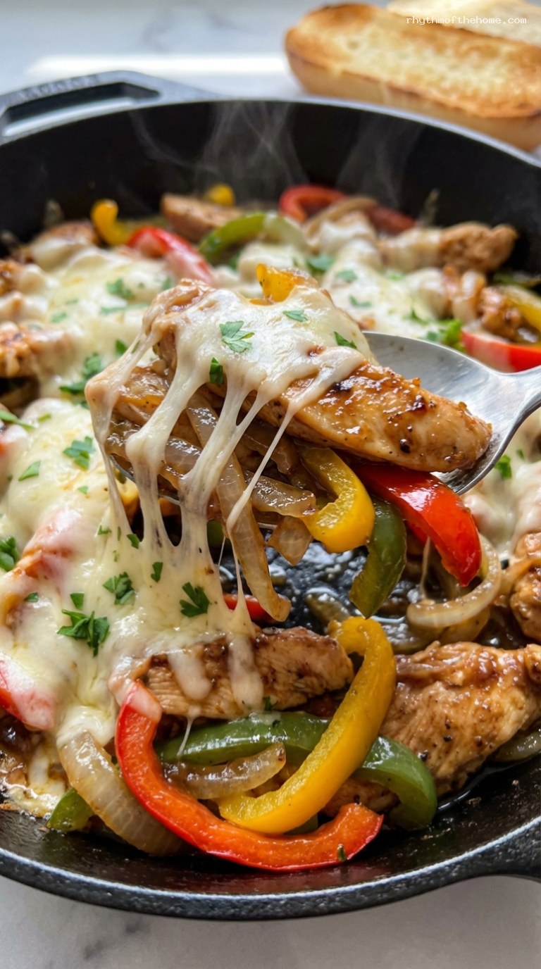 One-Pan Chicken Cheesesteak Skillet with Peppers and Onions – Closeup