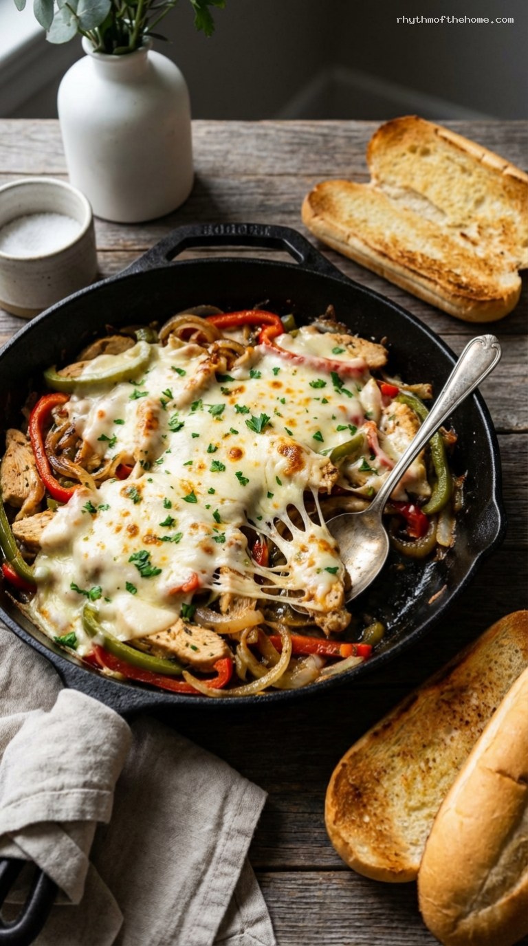 One-Pan Chicken Cheesesteak Skillet with Peppers and Onions