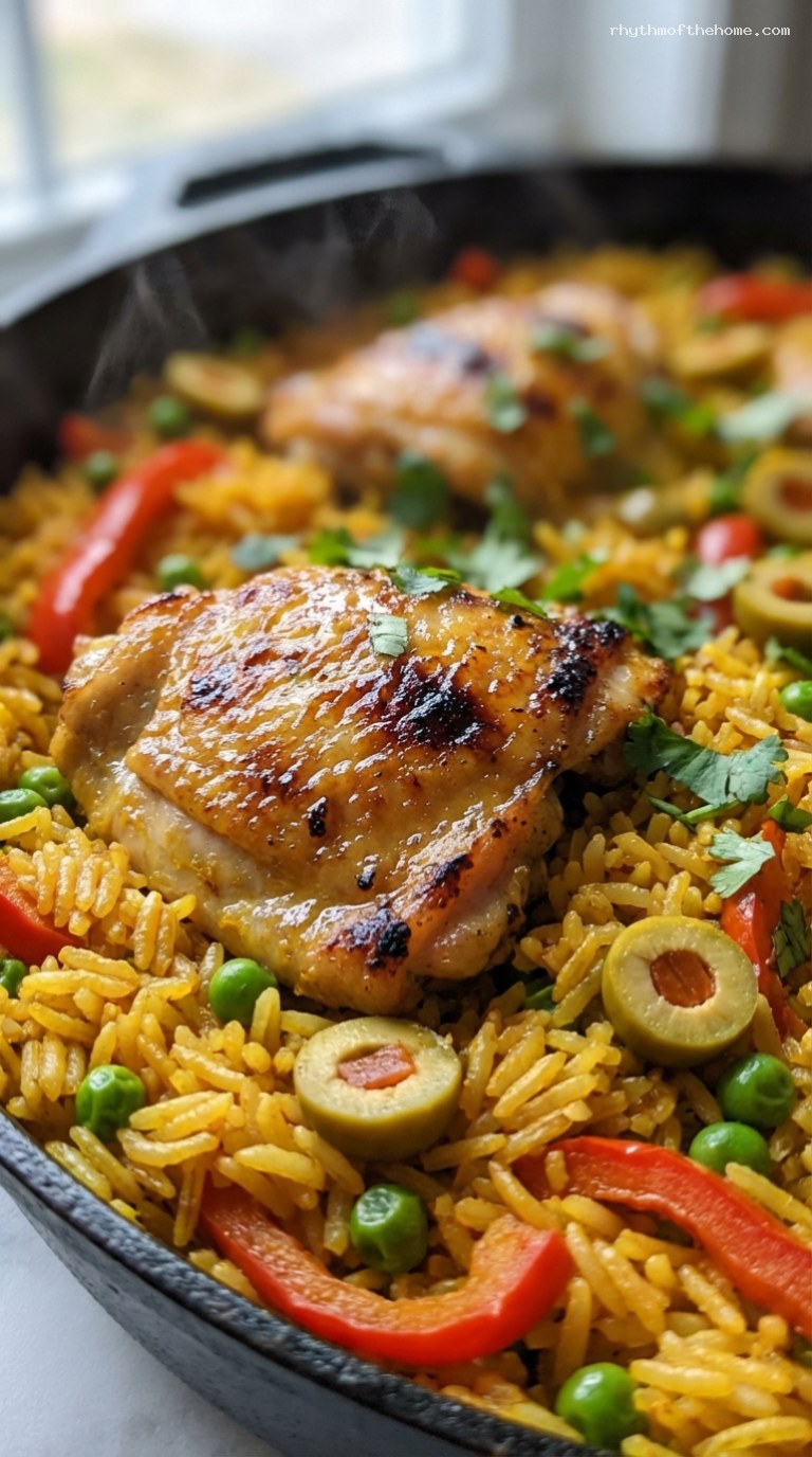 One-Pot Arroz con Pollo Skillet With Peppers and Olives – Closeup