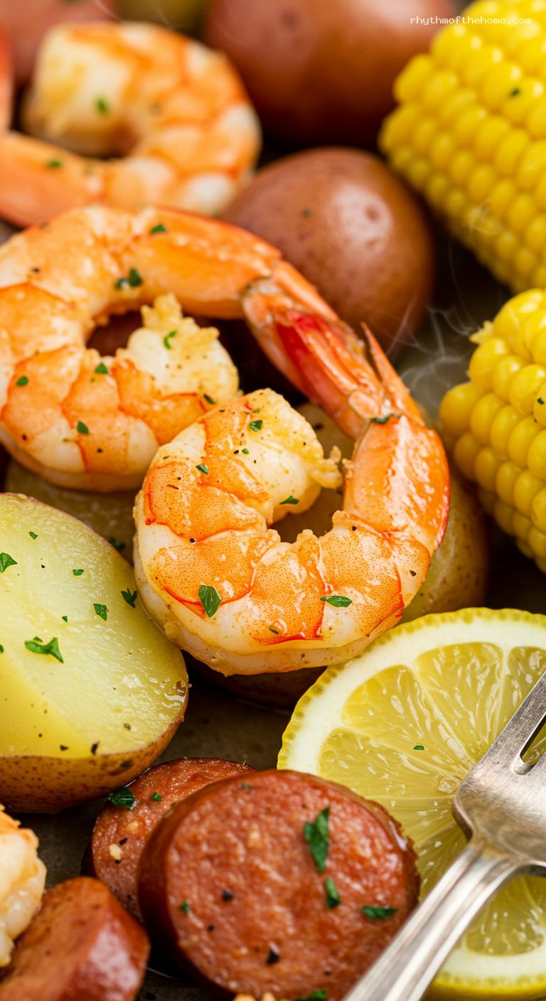 One-Pot Cajun Shrimp Boil with Corn and Potatoes – Closeup
